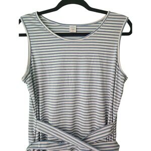 IFFEI Womens Blue White Striped Midi Dress Tie Waist Pockets Coastal Nautical